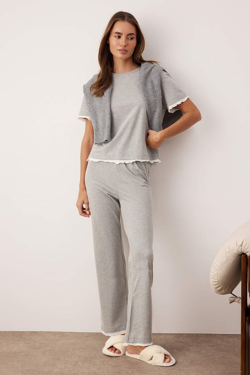 trendyol Grey Melange Cotton Double Layer Ruffle Knitted Pajama Set - Image 1