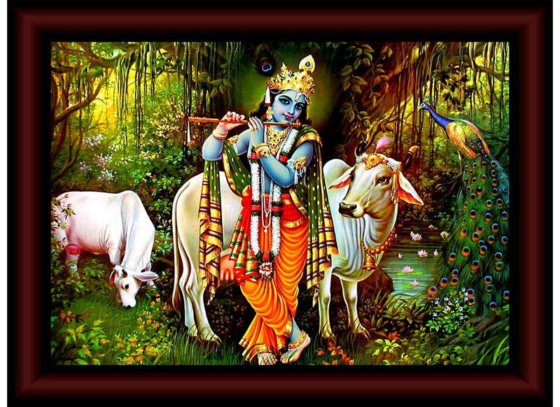 1ArtofCreation SANFK31800 Shri Krishna Forest Cow Flute UV Textured Home Decorative Religious Painting with Frame 10 Inch X 13 Inch Multicolor