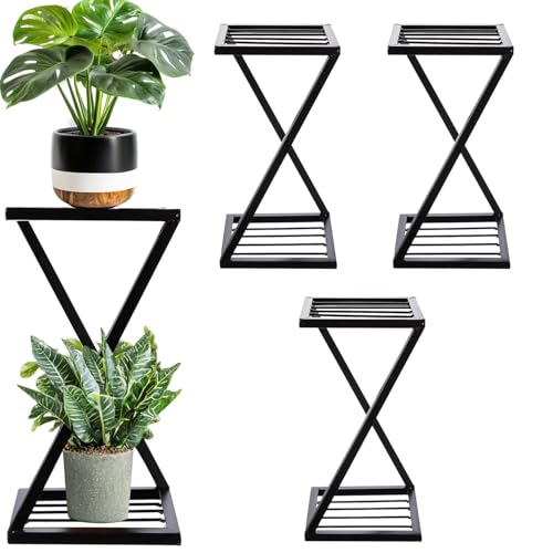 Pivalo Z Shape Plant Stand Anti-Rust Metal Flower Pot Holder Outdoor and Indoor 2 Tiers Planters Gamla Stands for Balcony & Living Room Home Decor (Pack of 4, Black) - Image 3