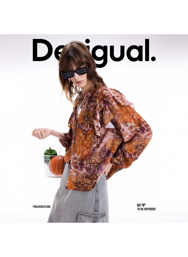 DESIGUAL مجموعة خريف/شتاء 2025 الجديدة: بلوزة نسائية بطبعة زهور مع كشكش - Image 2