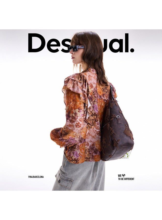 DESIGUAL مجموعة خريف/شتاء 2025 الجديدة: بلوزة نسائية بطبعة زهور مع كشكش - Image 4