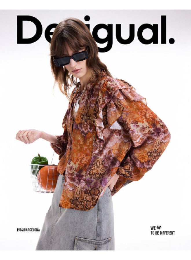 DESIGUAL مجموعة خريف/شتاء 2025 الجديدة: بلوزة نسائية بطبعة زهور مع كشكش - Image 1