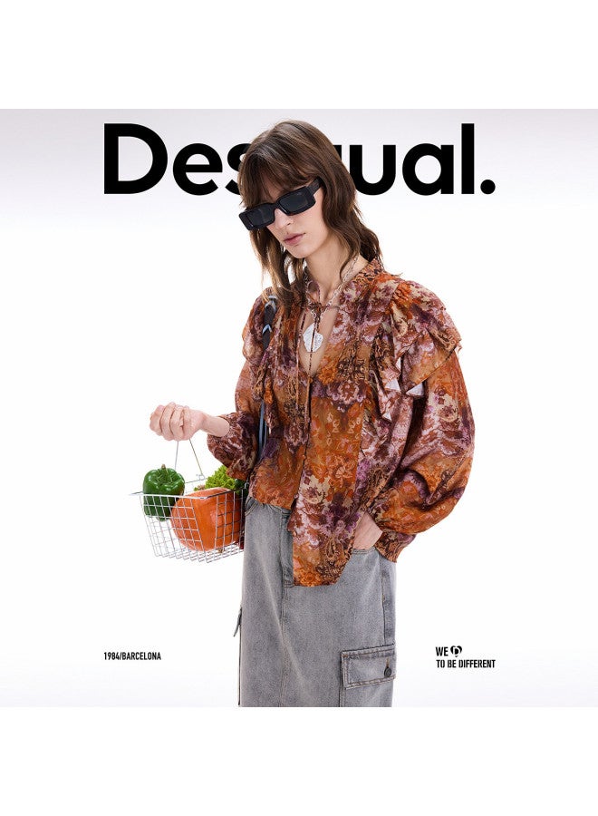 DESIGUAL مجموعة خريف/شتاء 2025 الجديدة: بلوزة نسائية بطبعة زهور مع كشكش - Image 5