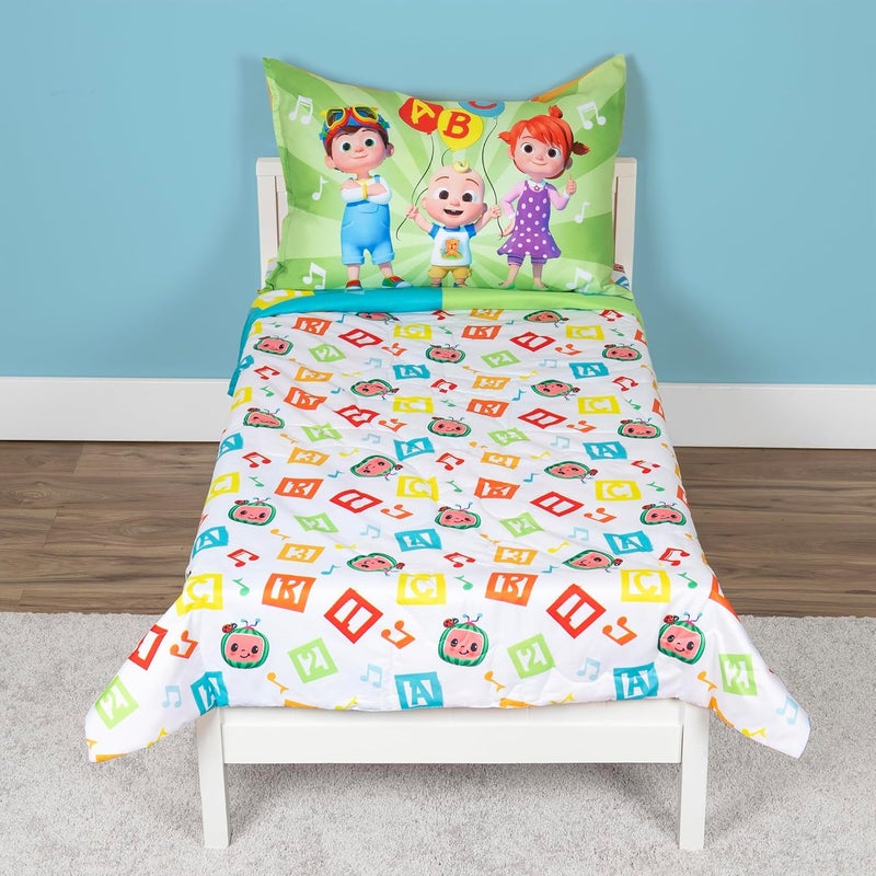 Cocomelon Learning is Fun 4 Piece Toddler Bedding Set – Includes Comforter, Sheet Set – Fitted + Top Sheet + Reversible Pillowcase for Boys and Girls Bed, Letters and Music Design, Orange (Pack of 2) - Image 2