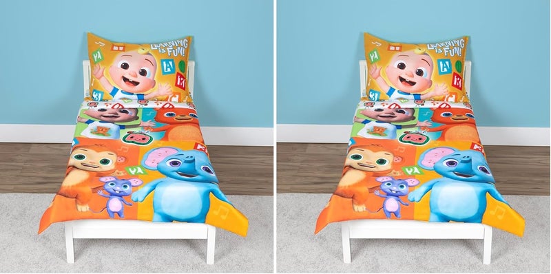 Cocomelon Learning is Fun 4 Piece Toddler Bedding Set – Includes Comforter, Sheet Set – Fitted + Top Sheet + Reversible Pillowcase for Boys and Girls Bed, Letters and Music Design, Orange (Pack of 2) - Image 1