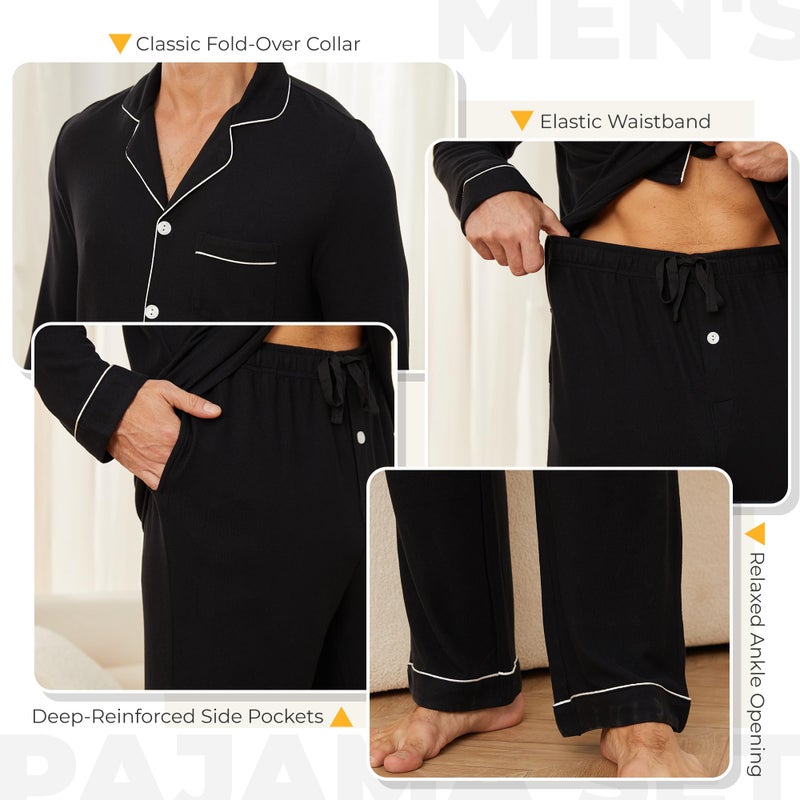 U2SKIIN Mens Ultra Soft Pajama Set, Stretch Long Sleeve Lounge Pjs Button-Down Lightweight & Cozy Sleepwear(Black, M) - Image 2
