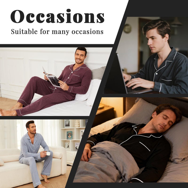 U2SKIIN Mens Ultra Soft Pajama Set, Stretch Long Sleeve Lounge Pjs Button-Down Lightweight & Cozy Sleepwear(Black, M) - Image 5