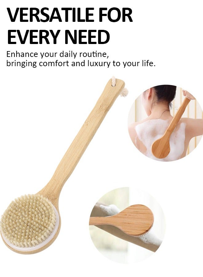 فرشاة استحمام دائرية من الخيزران بسطح مزدوج مع شعيرات ناعمة وكريات تدليك، مجموعة فرش تتضمن فرشاة بمقبض طويل وفرشاة يدوية، مثالية للتقشير وتدليك الجسم - Image 4