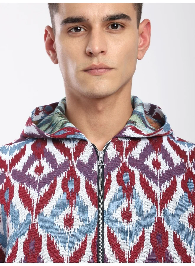 Beyoung Blue Ikat Print Hoodie Shacket