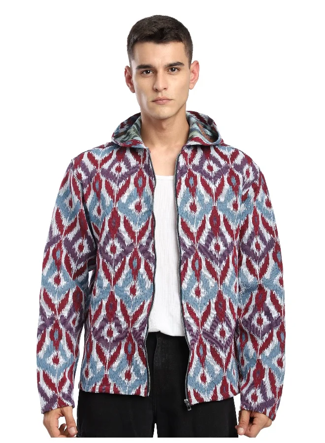 Beyoung Blue Ikat Print Hoodie Shacket