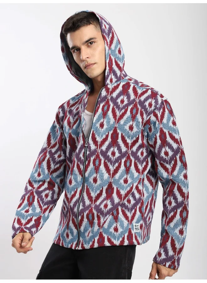 Beyoung Blue Ikat Print Hoodie Shacket