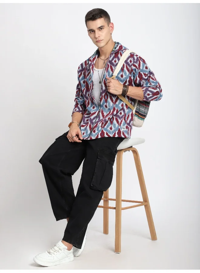 Beyoung Blue Ikat Print Hoodie Shacket