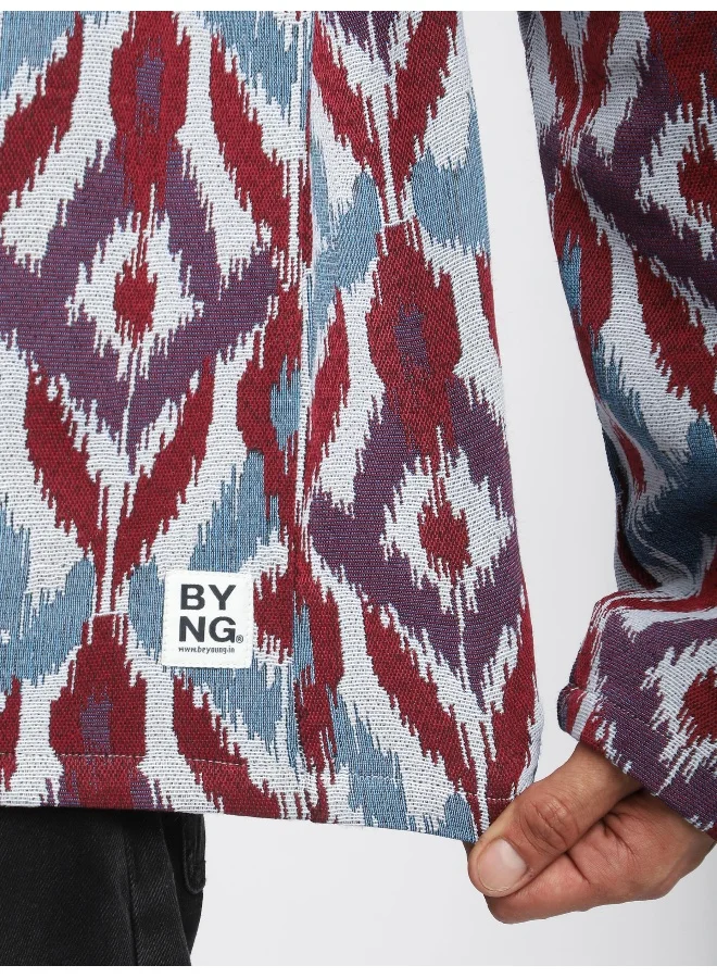 Beyoung Blue Ikat Print Hoodie Shacket