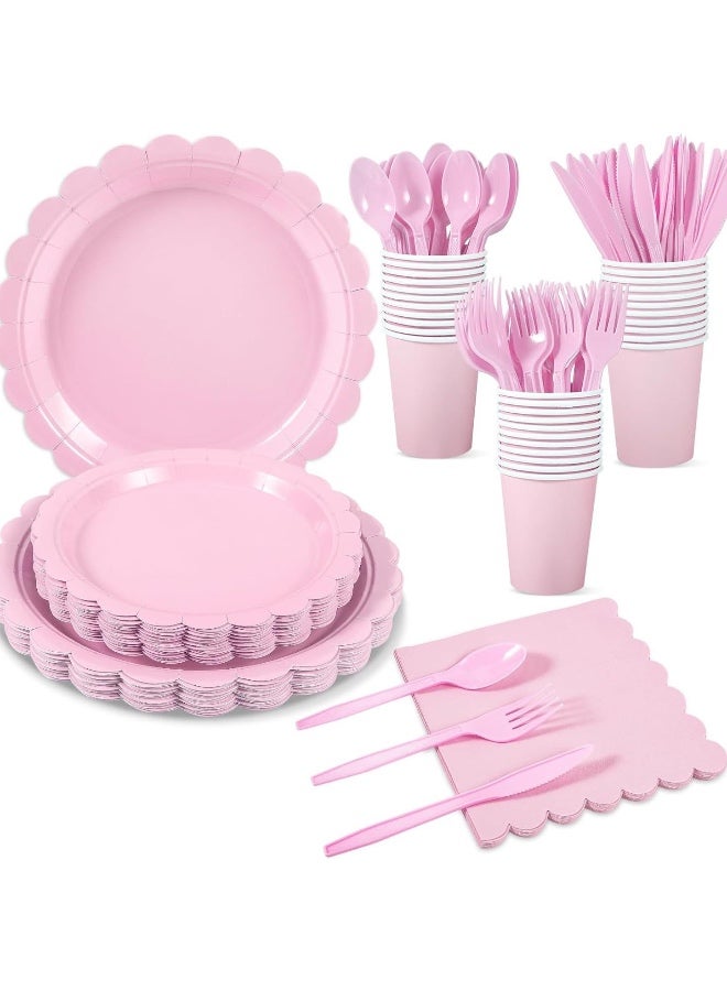 175 PCS Pink Plates and Napkins, Pink Valentines Plates Set Include Scalloped Plate Napkins Cups Plastic Spoons Forks Knives Disposable Dinnerware for Birthday, Wedding, Bridal Baby Shower - Image 1