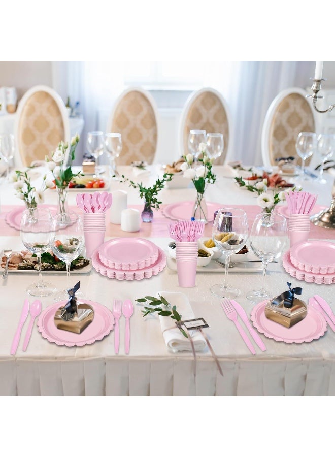175 PCS Pink Plates and Napkins, Pink Valentines Plates Set Include Scalloped Plate Napkins Cups Plastic Spoons Forks Knives Disposable Dinnerware for Birthday, Wedding, Bridal Baby Shower - Image 4