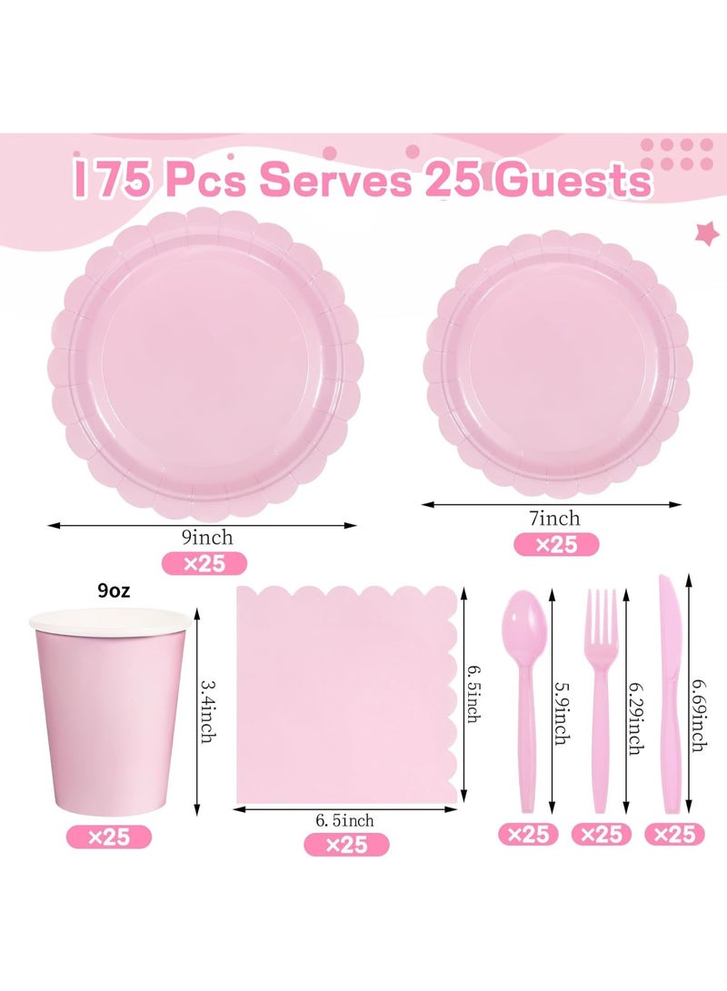 175 PCS Pink Plates and Napkins, Pink Valentines Plates Set Include Scalloped Plate Napkins Cups Plastic Spoons Forks Knives Disposable Dinnerware for Birthday, Wedding, Bridal Baby Shower - Image 2