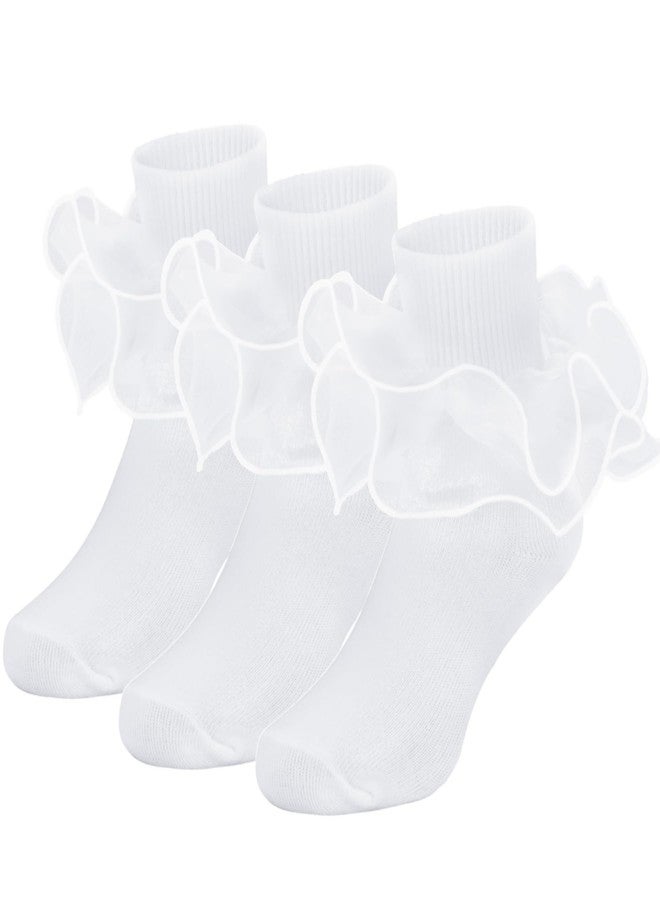 زاندو جوارب زاندو للأطفال الصغار مكشكشة مقاس 2-3 سنوات، جوارب دانتيل مزينة بكشكشة للبنات - تصميم أميرة جذاب، جوارب أطفال مناسبة للزي المدرسي، أحذية رياضية، أحذية ماري جين، مقاس 3/أبيض، 2-4 سنوات - Image 1