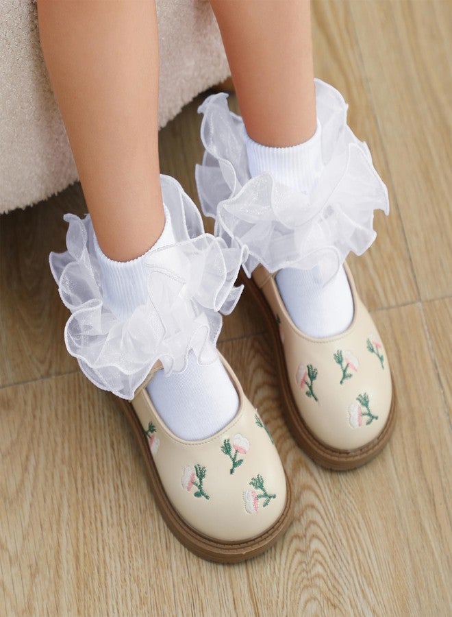 زاندو جوارب زاندو للأطفال الصغار مكشكشة مقاس 2-3 سنوات، جوارب دانتيل مزينة بكشكشة للبنات - تصميم أميرة جذاب، جوارب أطفال مناسبة للزي المدرسي، أحذية رياضية، أحذية ماري جين، مقاس 3/أبيض، 2-4 سنوات - Image 2