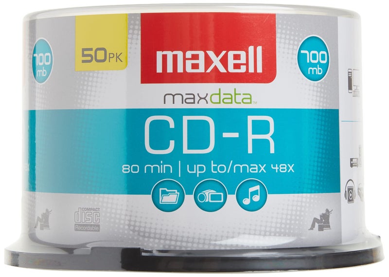 Maxell ماكسيل – MAX648250، وسائط تسجيل الأقراص المضغوطة ذات العلامة التجارية - أقراص تشغيل خالية من الضوضاء بسعة 700 ميجابايت - سرعة كتابة من 2x إلى 48x مع 80 دقيقة - أقراص فارغة، تخزين وحامل علبة قابلة لإعادة الاستخدام - 50 حزمة، فضي - Image 3