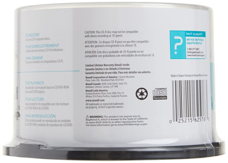 Maxell ماكسيل – MAX648250، وسائط تسجيل الأقراص المضغوطة ذات العلامة التجارية - أقراص تشغيل خالية من الضوضاء بسعة 700 ميجابايت - سرعة كتابة من 2x إلى 48x مع 80 دقيقة - أقراص فارغة، تخزين وحامل علبة قابلة لإعادة الاستخدام - 50 حزمة، فضي - Image 4