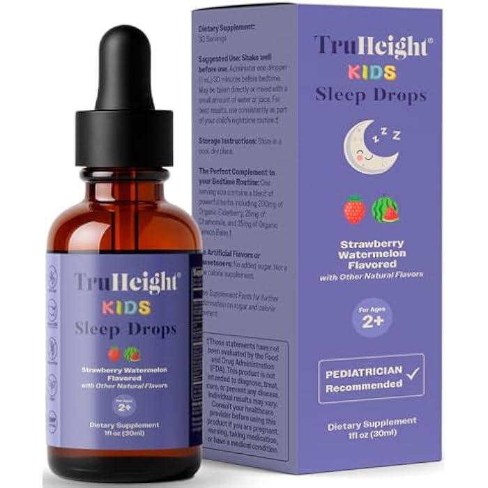 TruHeight Kids Sleep Tincture Ages 2+ (Watermelon Flavor) - Babies, Toddlers & Kids Natural Sleep Aid - Baby, Toddler, Child Melatonin 2 Year Old+ - Vitamin B6, Riboflavin, Zinc, Copper, Lemon Balm - Image 1