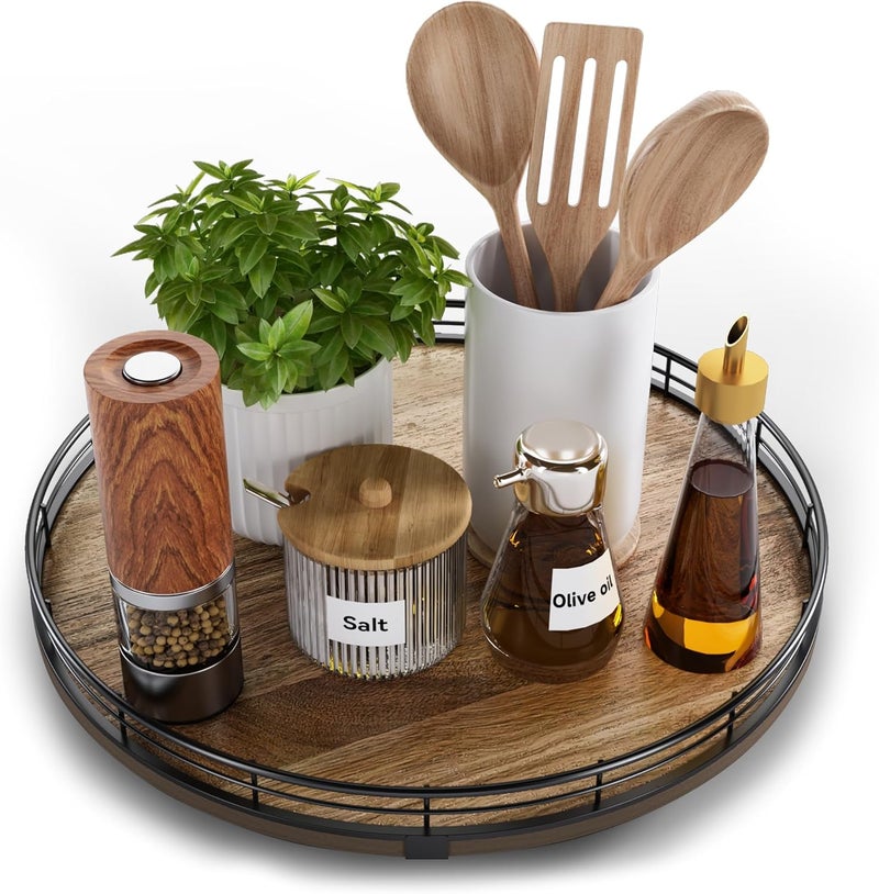 HGF Acacia Wood 13" Lazy Susan Turntable Organizer for Table Top, Farmhouse Round Wooden Lazy Susan for Cabinet Kitchen Centerpieces Coffee Table, for Condiments Spices, Bathroom Vanity Tray Decor - Image 1