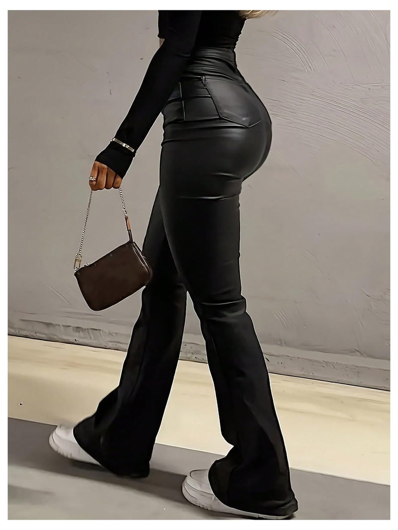 WDIRARA Women's PU Leather High Waisted Bell Bottom Flare Pants Party Club Streetwear Black Large - Image 3