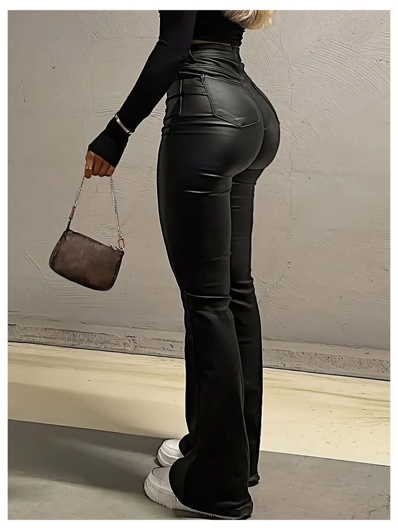 WDIRARA Women's PU Leather High Waisted Bell Bottom Flare Pants Party Club Streetwear Black Large - Image 4