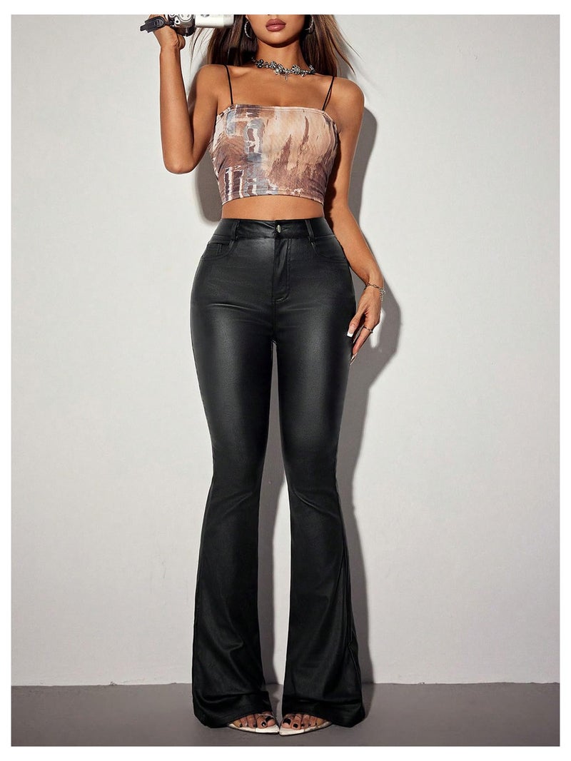 WDIRARA Women's PU Leather High Waisted Bell Bottom Flare Pants Party Club Streetwear Black Large - Image 5
