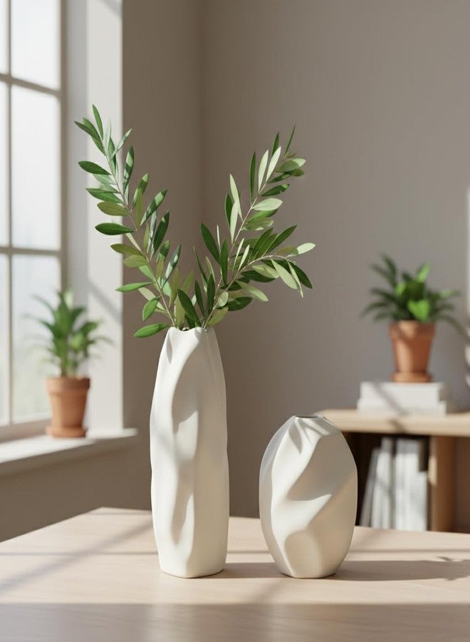 PUREZENTO مزهرية سيراميك بيضاء من PUREZENTO طراز "Mudstone" - طقم من قطعتين | مزهريات مركزية وزخرفية لتزيين المنزل، غرفة النوم، رفوف الكتب، وأسطح الطاولات | مزهرية زخرفية لنبات البامباس، والزهور المجففة، والزهور الاصطناعية - Image 3