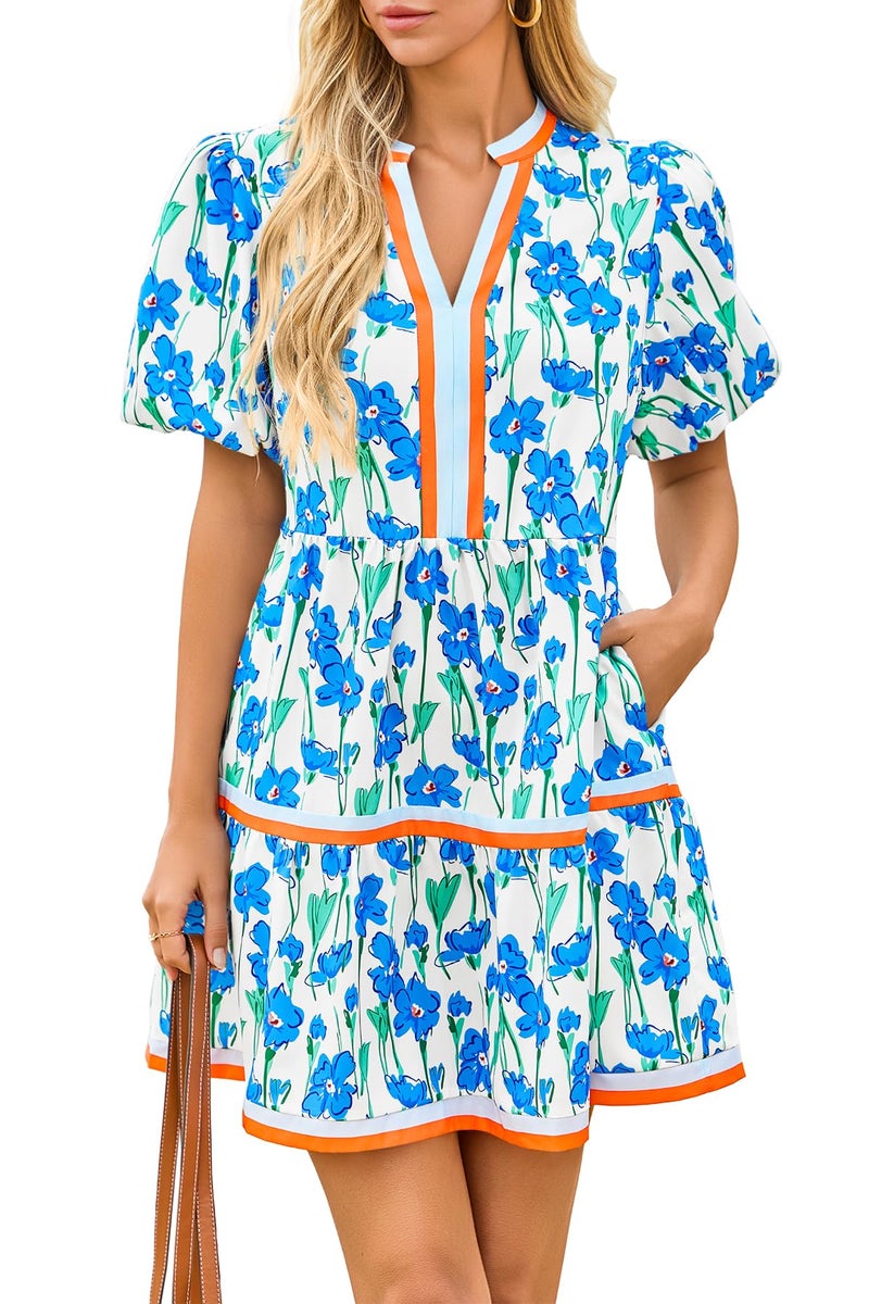Cicy Bell Womens V Neck Floral Mini Dress Short Puff Sleeve Patchwork Summer Casual Boho Dresses Blue - Image 1