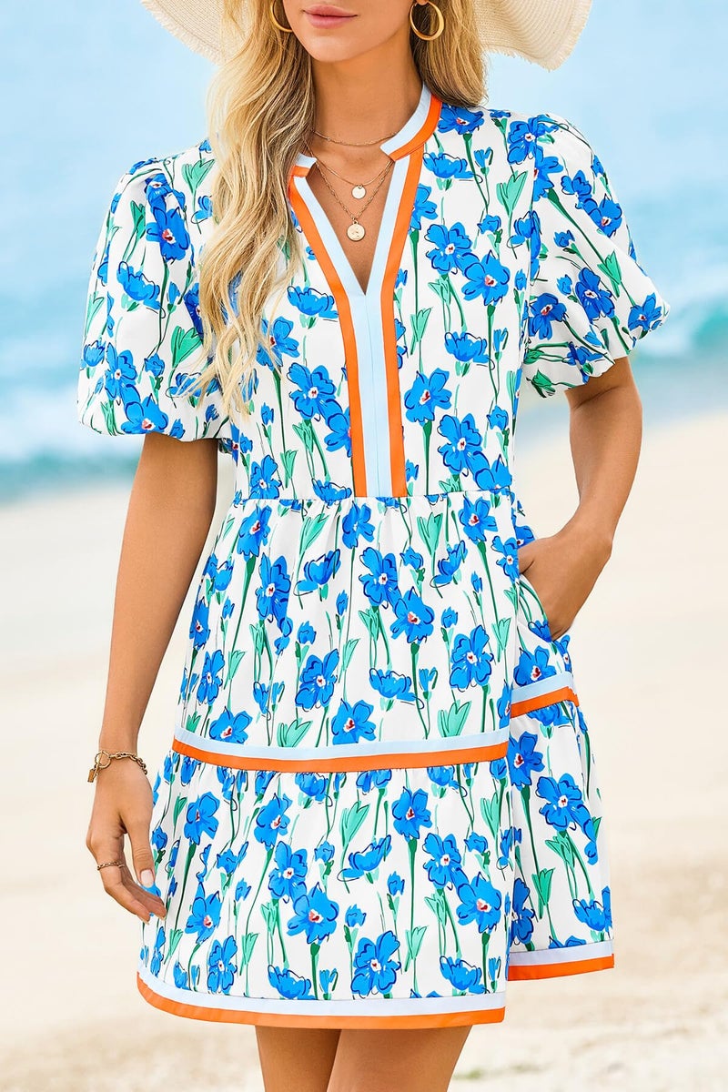 Cicy Bell Womens V Neck Floral Mini Dress Short Puff Sleeve Patchwork Summer Casual Boho Dresses Blue - Image 3
