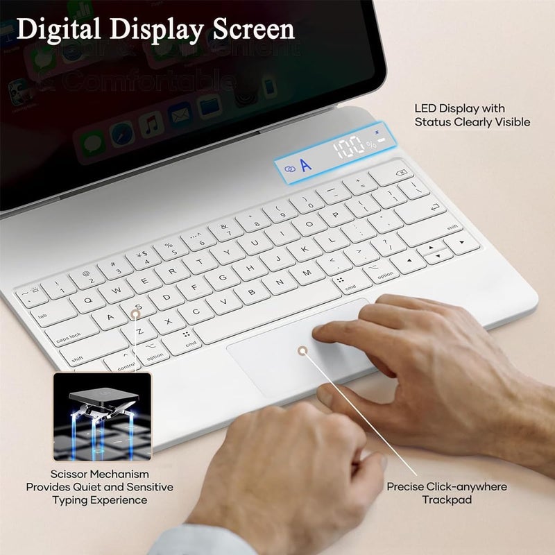 QPHWHFQ 【Arabic English】Magic Keyboard for iPad 11th(A16,2025)/ iPad 10th Generation(2022), Keyboard Case for iPad 11th/10th, Magnetic Stand, Digital Display, Multi-Touch Trackpad, 7-Color Backlight, White - Image 3