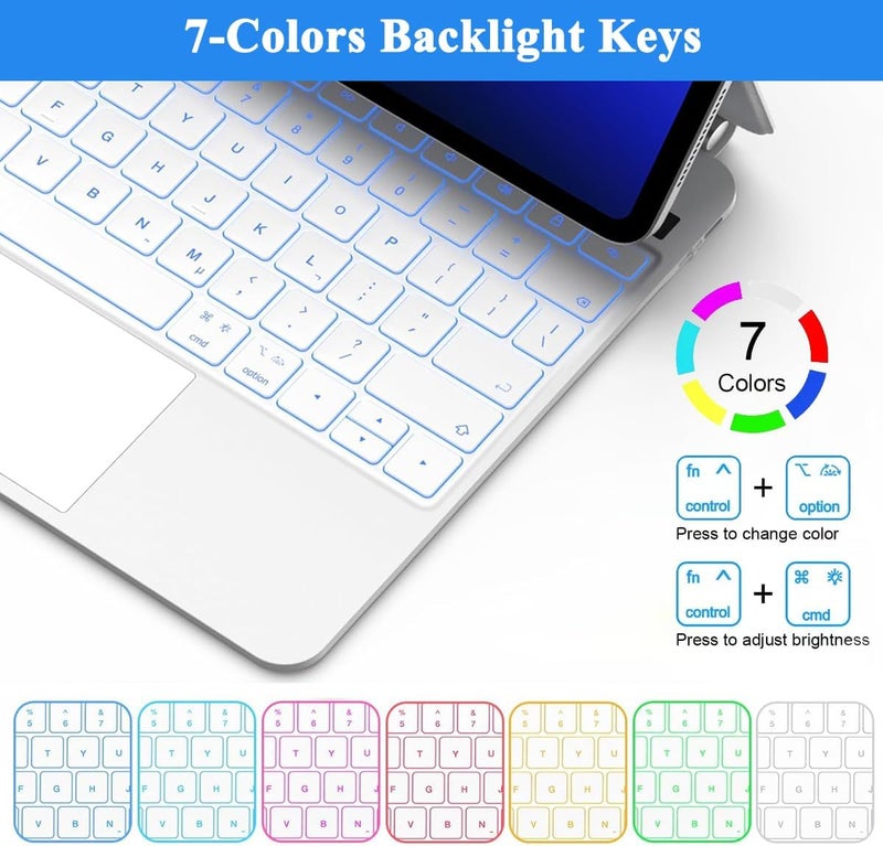QPHWHFQ 【Arabic English】Magic Keyboard for iPad 11th(A16,2025)/ iPad 10th Generation(2022), Keyboard Case for iPad 11th/10th, Magnetic Stand, Digital Display, Multi-Touch Trackpad, 7-Color Backlight, White - Image 4