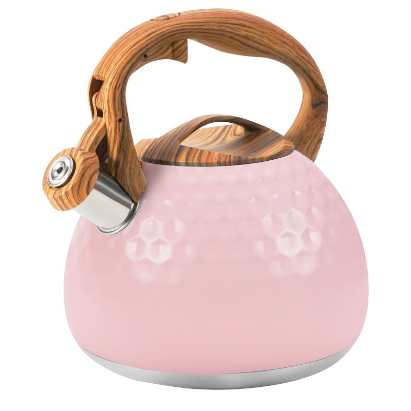Foedo Whistling Tea Kettle,3.2Qt Stainless Steel Stove Kettle, Food Grade Teapot with Wood Pattern Handle for Coffee, Milk etc, Gas Electric Applicable (Pink) - Image 1