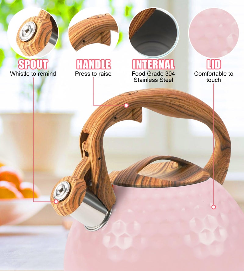 Foedo Whistling Tea Kettle,3.2Qt Stainless Steel Stove Kettle, Food Grade Teapot with Wood Pattern Handle for Coffee, Milk etc, Gas Electric Applicable (Pink) - Image 2