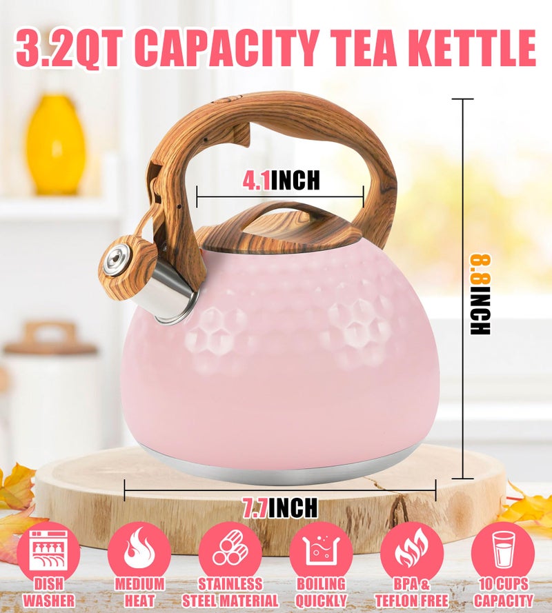 Foedo Whistling Tea Kettle,3.2Qt Stainless Steel Stove Kettle, Food Grade Teapot with Wood Pattern Handle for Coffee, Milk etc, Gas Electric Applicable (Pink) - Image 4