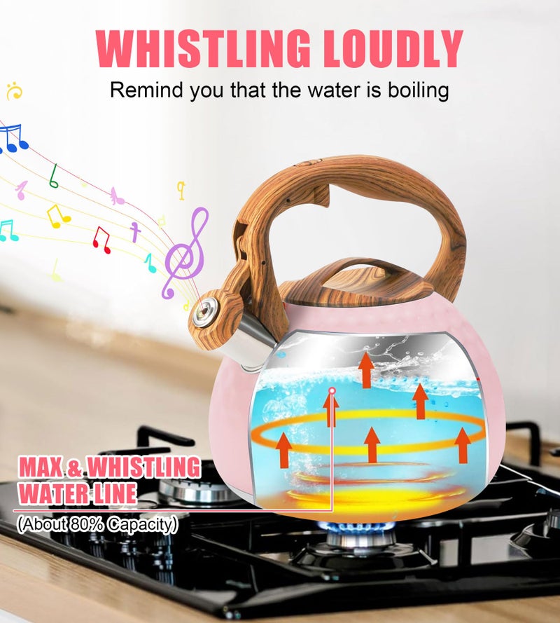 Foedo Whistling Tea Kettle,3.2Qt Stainless Steel Stove Kettle, Food Grade Teapot with Wood Pattern Handle for Coffee, Milk etc, Gas Electric Applicable (Pink) - Image 3