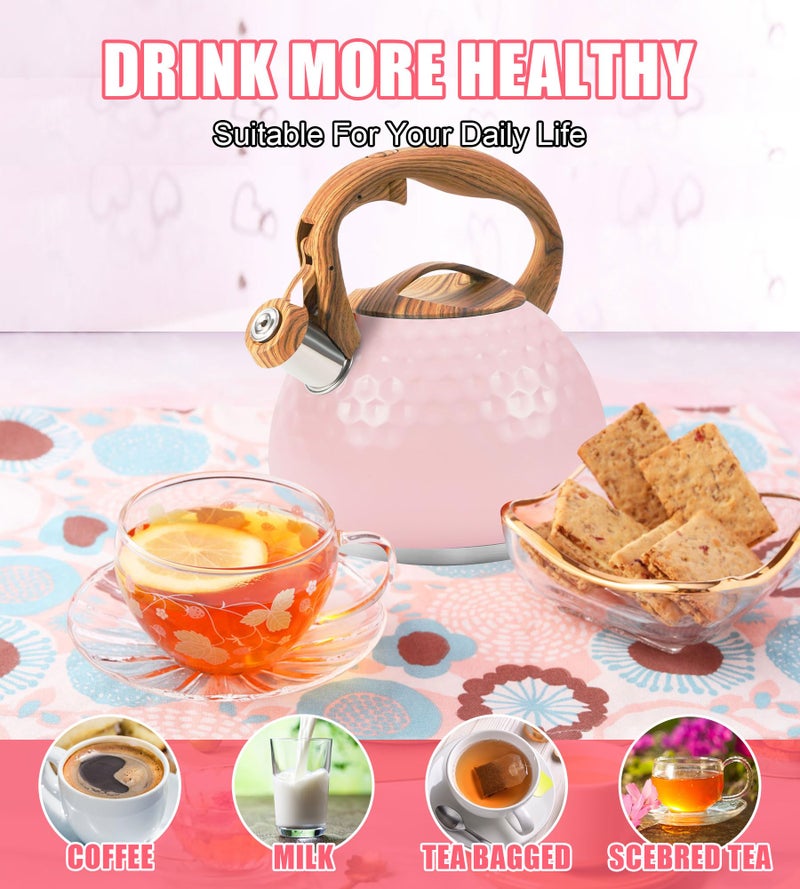 Foedo Whistling Tea Kettle,3.2Qt Stainless Steel Stove Kettle, Food Grade Teapot with Wood Pattern Handle for Coffee, Milk etc, Gas Electric Applicable (Pink) - Image 5