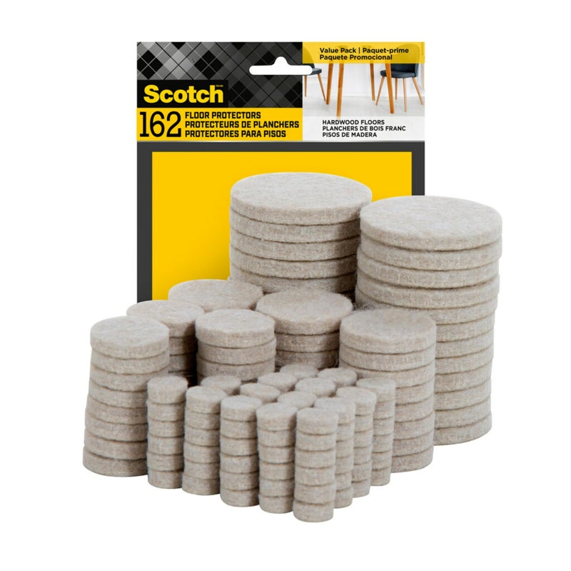 Scotch Felt Pads 162 PCS Beige, Felt Furniture Pads for Protecting Hardwood Floors, Round, Assorted Sizes Value Pack, Self-Stick design, Protecting from nicks, dents and scratches (SP845-NA) - Image 1