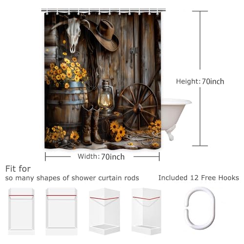Wathon Western Cowboy Shower Curtain with Farmhouse Barn Door, Southwest Country Ranch Bath Curtain with Cowboy Boots Floral, Rustic Southwestern Theme Bathroom Decor Set with Hooks 70X70IN - Image 4