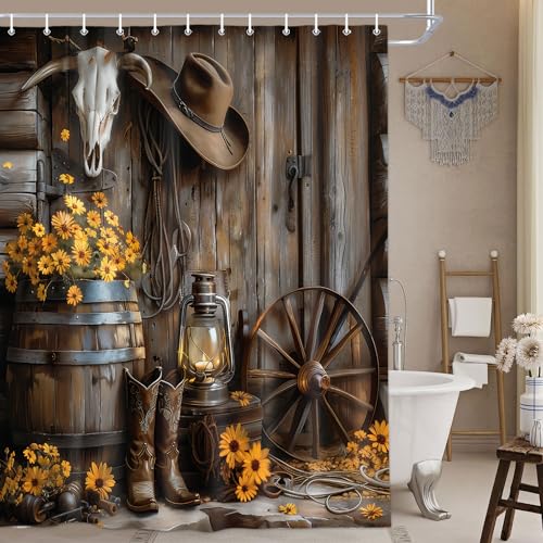 Wathon Western Cowboy Shower Curtain with Farmhouse Barn Door, Southwest Country Ranch Bath Curtain with Cowboy Boots Floral, Rustic Southwestern Theme Bathroom Decor Set with Hooks 70X70IN - Image 1