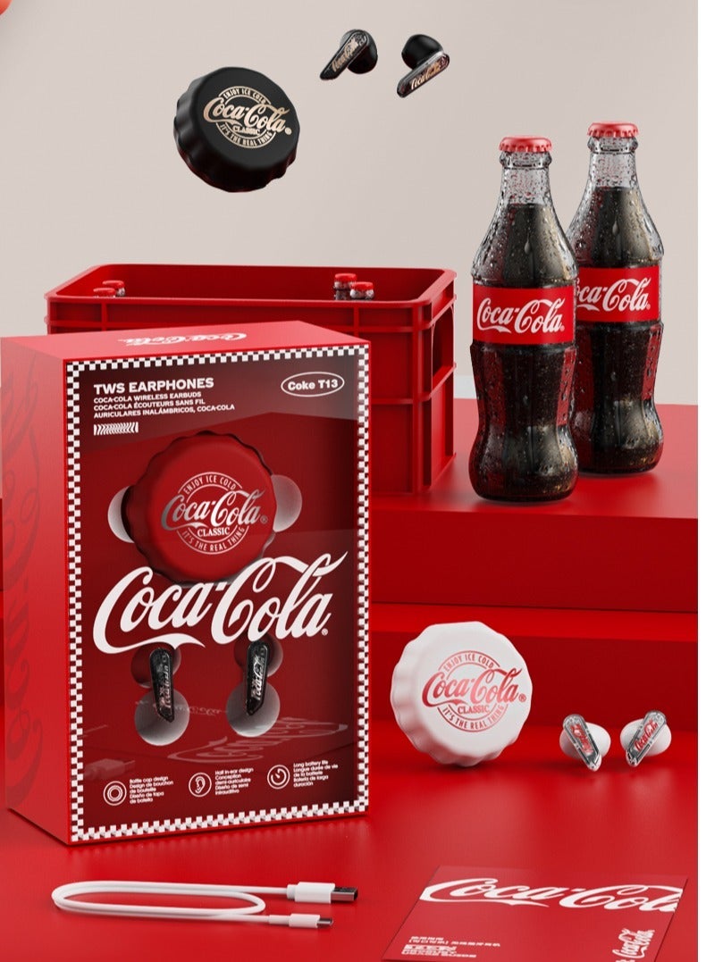 كوكا كولا سماعات أذن T13 لاسلكية - تصميم غطاء زجاجة كوكاكولا الكلاسيكي، بلوتوث 5.4، التحكم باللمس، تأثير ستيريو 360 درجة، علبة شحن مغناطيسية، أسود - Image 4