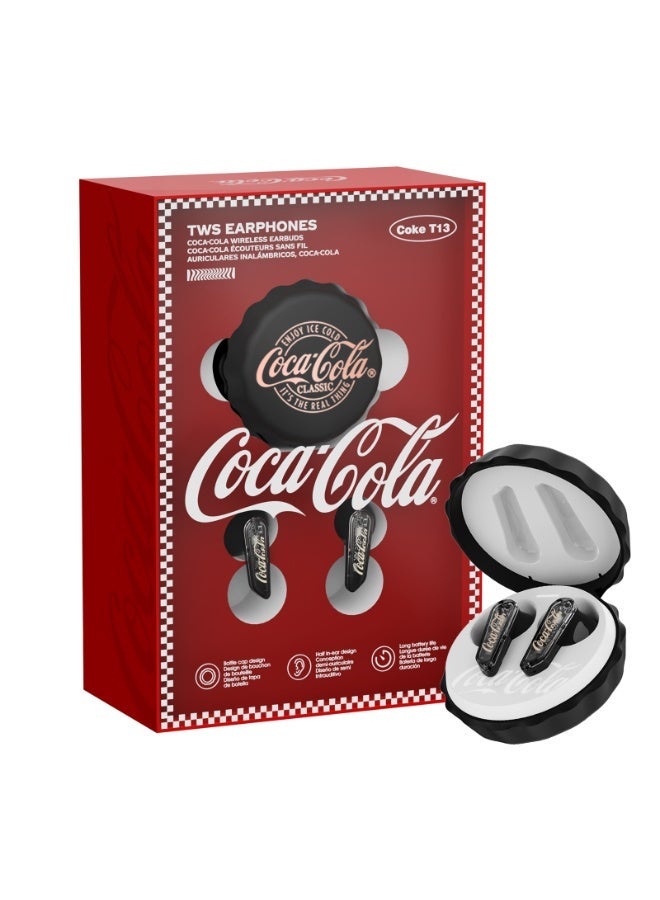 كوكا كولا سماعات أذن T13 لاسلكية - تصميم غطاء زجاجة كوكاكولا الكلاسيكي، بلوتوث 5.4، التحكم باللمس، تأثير ستيريو 360 درجة، علبة شحن مغناطيسية، أسود - Image 3