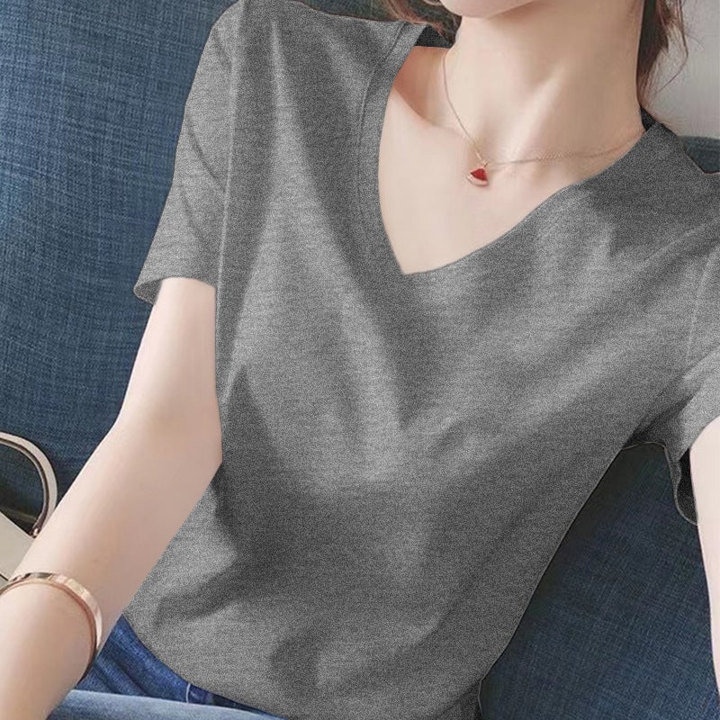 Cool V-Neck White Short-Sleeved T-Shirt for Women Pure Cotton 2025 Summer New Sweetheart Collar Right Shoulder Half-Sleeved T-Shirt for Women - Image 1