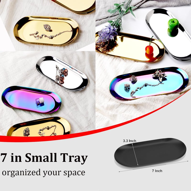 Fermus Stainless Steel Decorative Tray, Set of 2, 7 Inch Long, Jewelry Dish Cosmetics Organizer Bathroom Clutter Serving Platter Small Storage Tray, Oval, Matte Black - Image 2