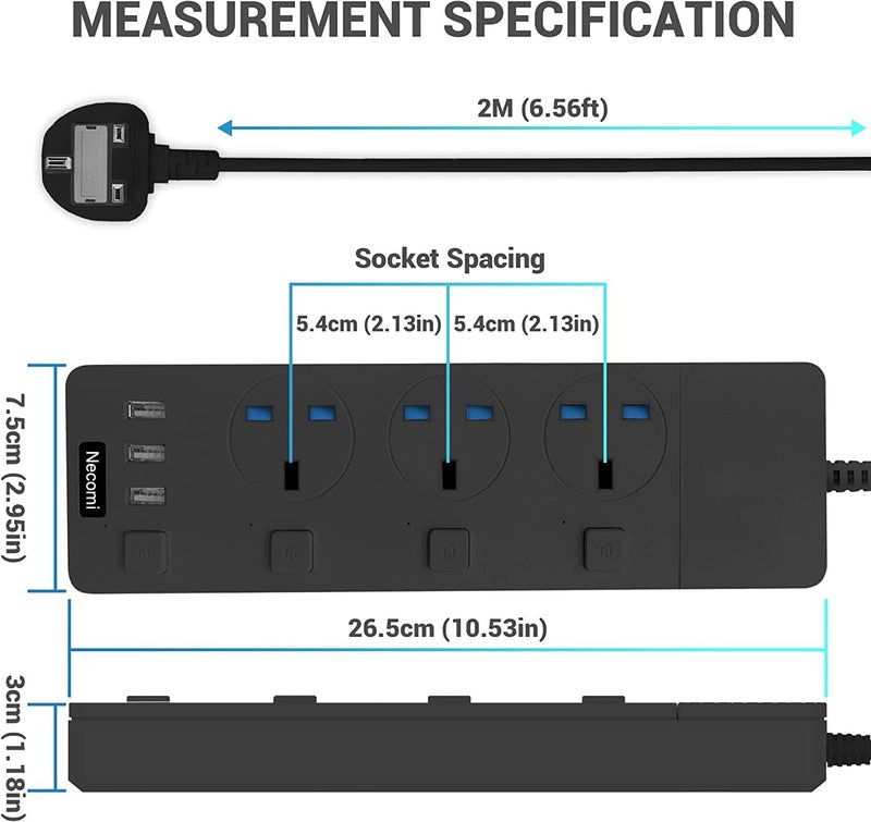نكومي ملحق نيكومي مع 3 منافذ USB | شريط طاقة بكابل 2 متر، مقبس عالمي ثلاثي الاتجاهات | محطة شحن ذكية، مفاتيح فردية، حماية من زيادة التيار، ومقبس حائط بريطاني (أسود) - Image 3