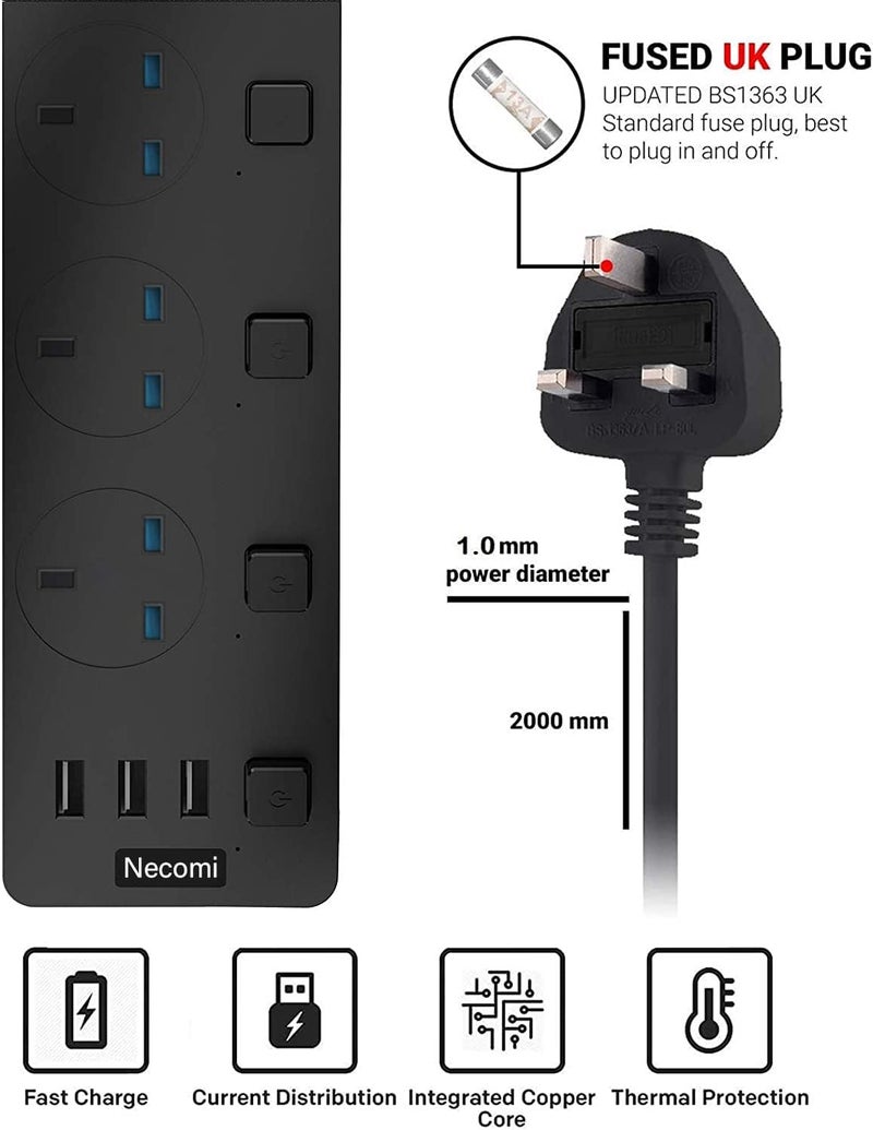 نكومي ملحق نيكومي مع 3 منافذ USB | شريط طاقة بكابل 2 متر، مقبس عالمي ثلاثي الاتجاهات | محطة شحن ذكية، مفاتيح فردية، حماية من زيادة التيار، ومقبس حائط بريطاني (أسود) - Image 2