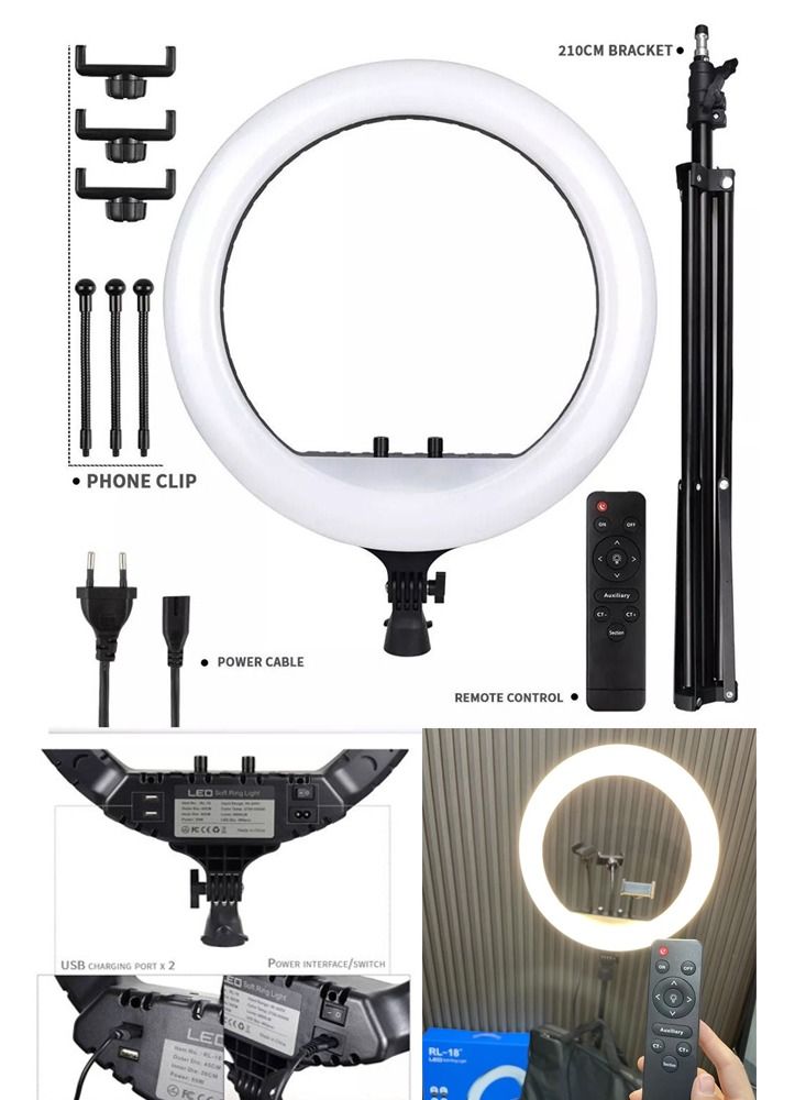 حلقة ضوء LED ناعمة بحجم 18 بوصة مع حامل ثلاثي و 3 حوامل هواتف وجهاز تحكم عن بعد - Image 1