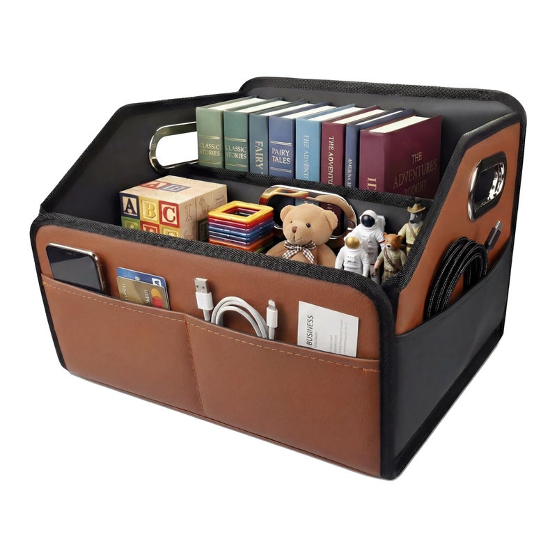 Noaman Car Organizer 2025 Upgraded Leather Car Storage Organizer for Front Back Seat or Floor with 3 Metal Handles 6 Apartments Multipurpose Car Organizers and Storage Brown - Image 2